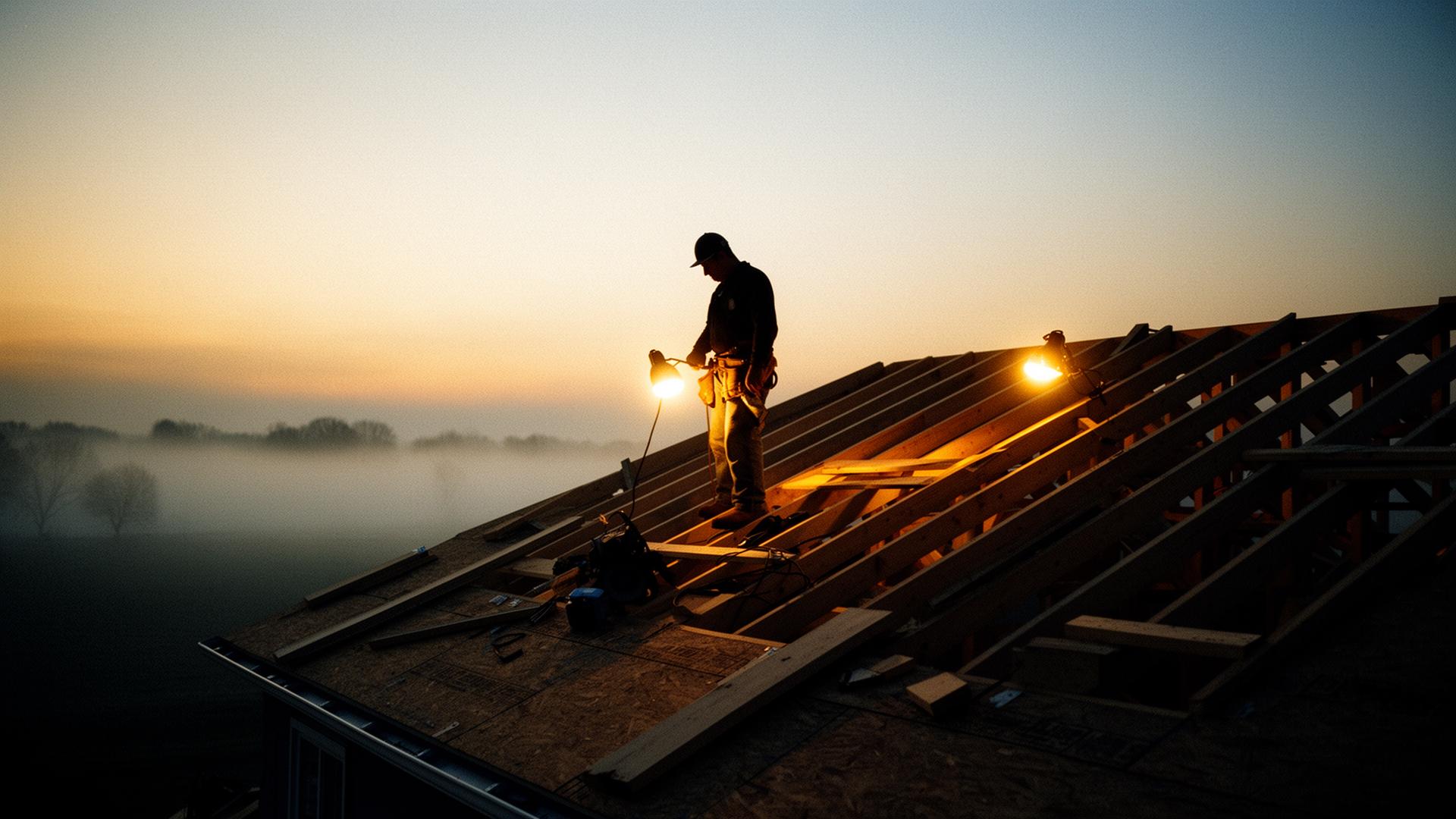 Foreman framing a roof at dusk in rural Indiana